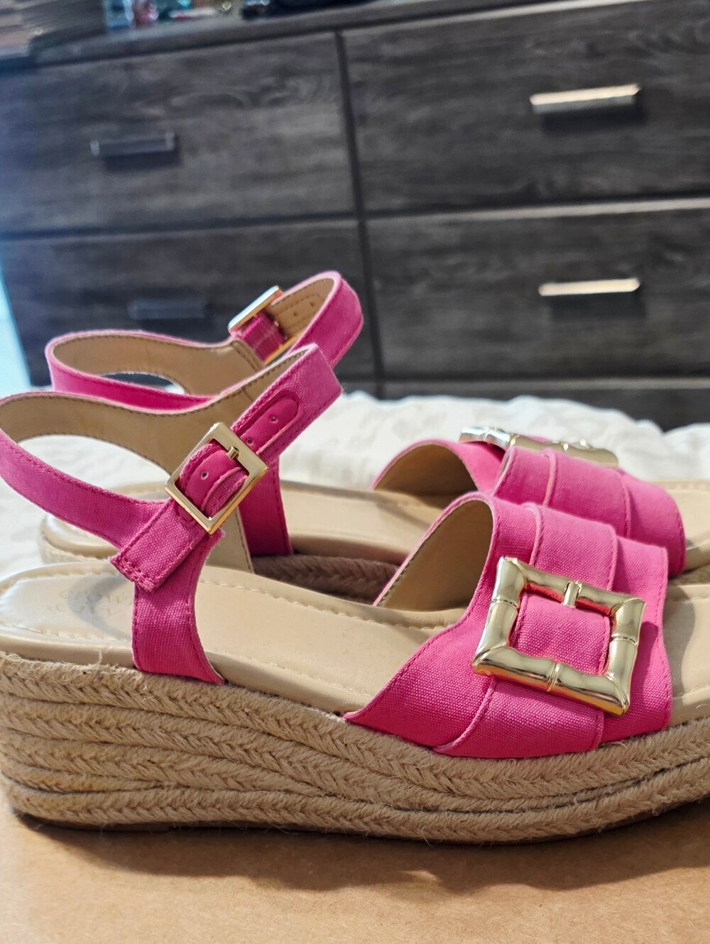 Crown and ivy Pink Espadrille Wedge Sandals with Gold Buckle